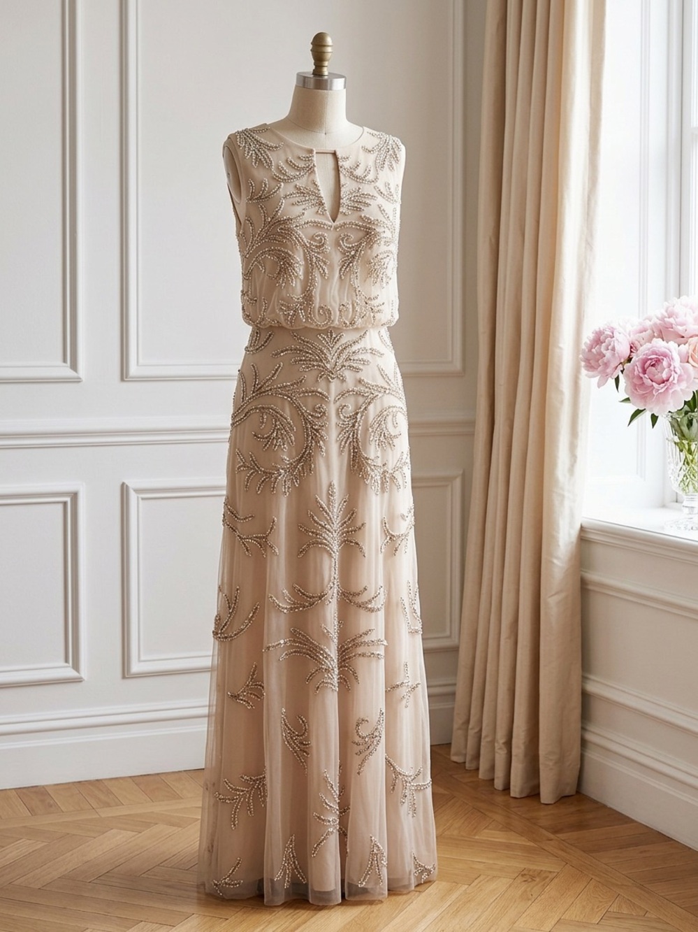 Aidan Mattox Nude Beaded Maxi Gown